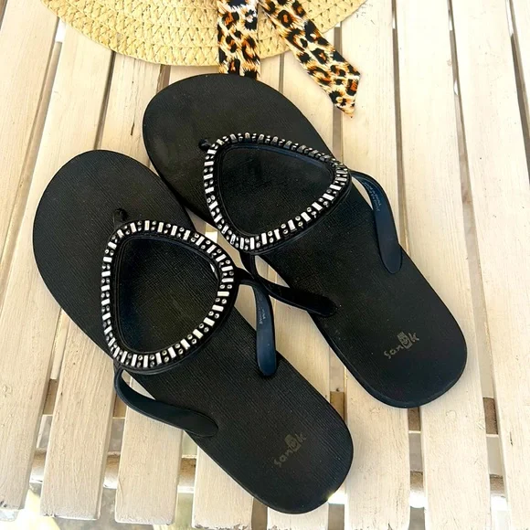 🏖SANUK☀️Blingy Circle Black Yoga Mat Flip Flops Size 10 - Picture 2 of 6